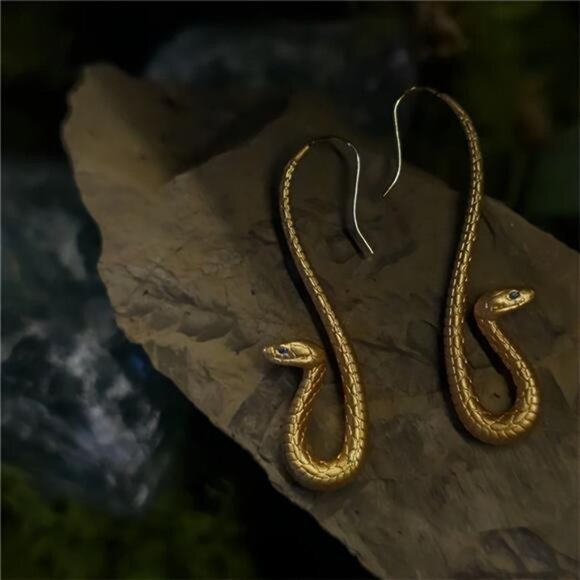Bold Golden Cobra Snake Drop Earrings - Picture 3 of 5